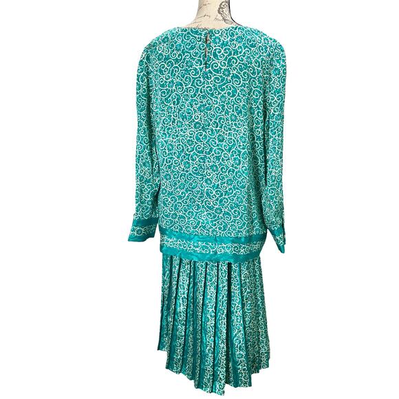 Vintage 90s Top Act Teal Satin Patterned Pleated Skirt Set - Size 16 - Picture 3 of 9